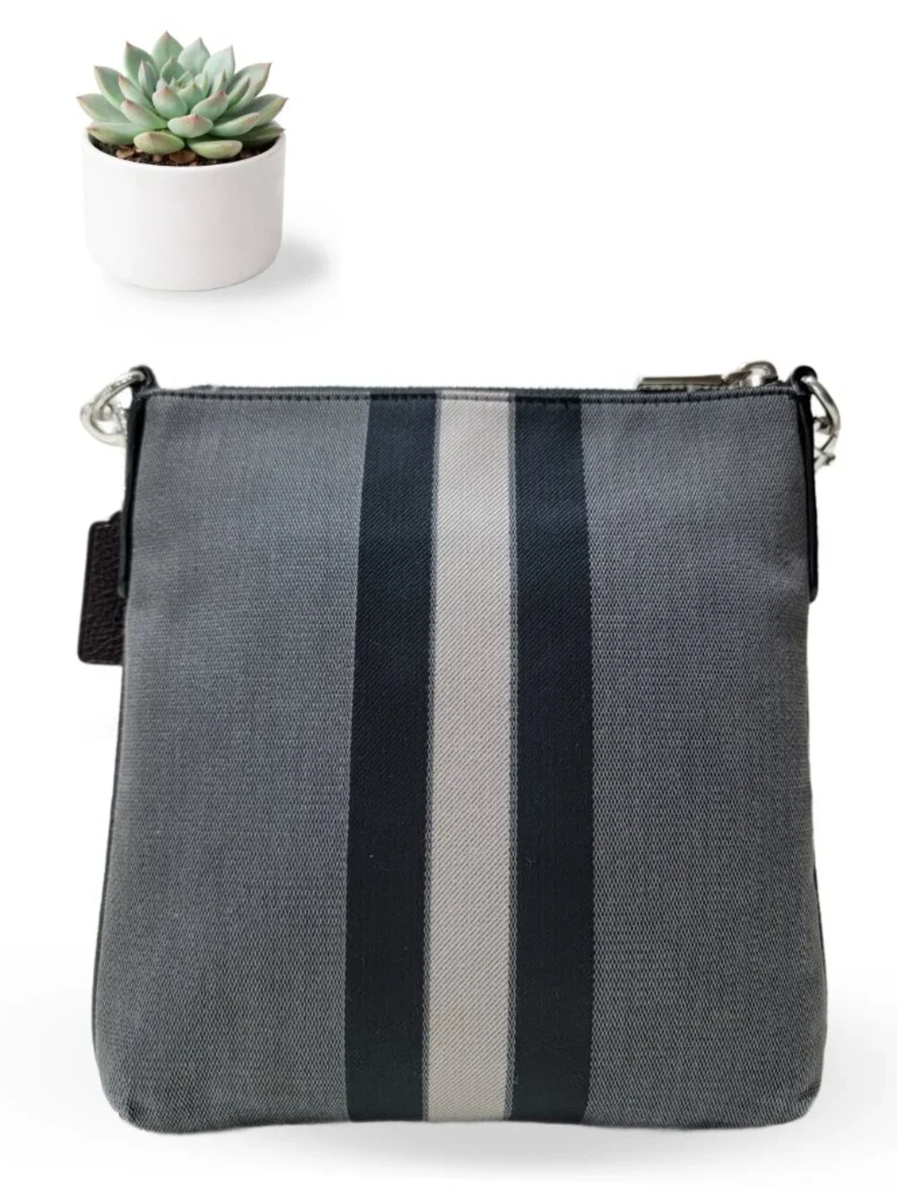 Coach Kitt Crossbody Charcoal Grey Signature Varsity Stripe Messenger Bag